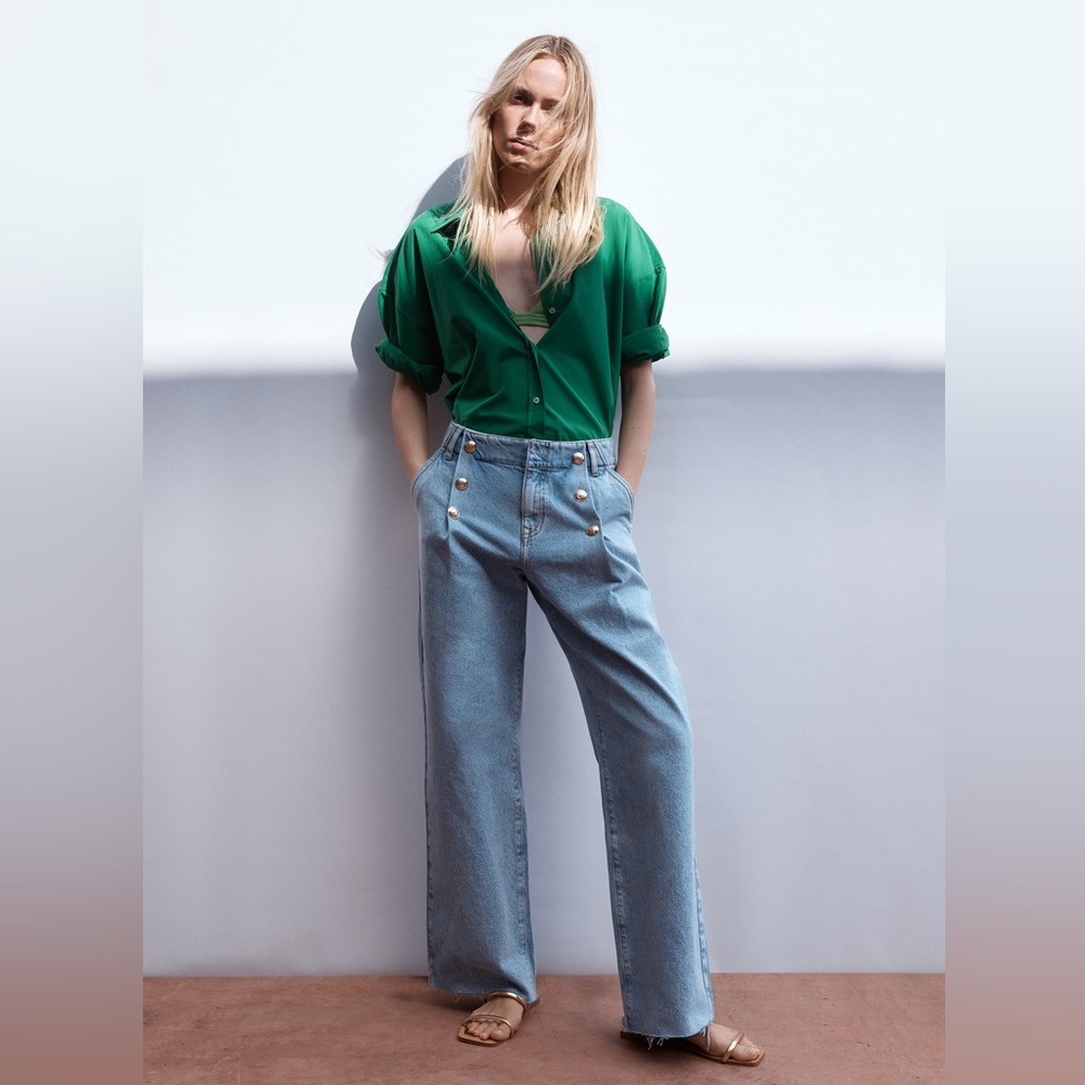 🧡 ZARA Gold Sailor Style Wide Leg Jeans Trousers